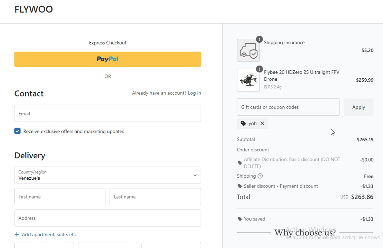 Flywoo discount code screenshot showing code yoh applied at Flywoo checkout page. Uploaded by SimplyCodes community member BudgetGuardian5712 on Oct 15, 2025