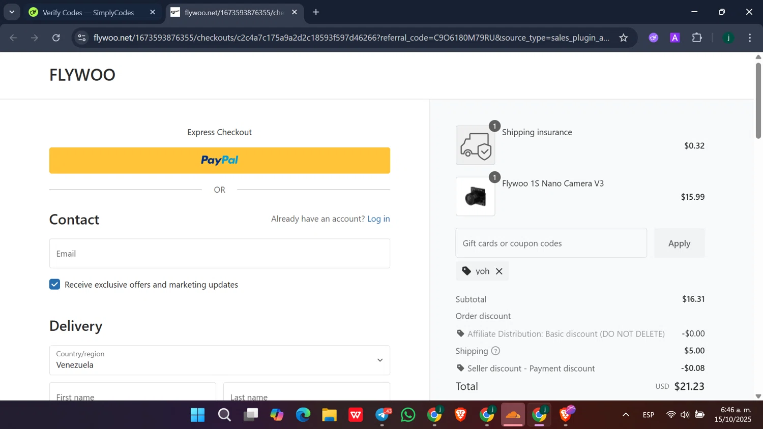 Flywoo discount code screenshot showing code yoh applied at Flywoo checkout page. Uploaded by SimplyCodes community member MoneyScholar5687 on Oct 15, 2025