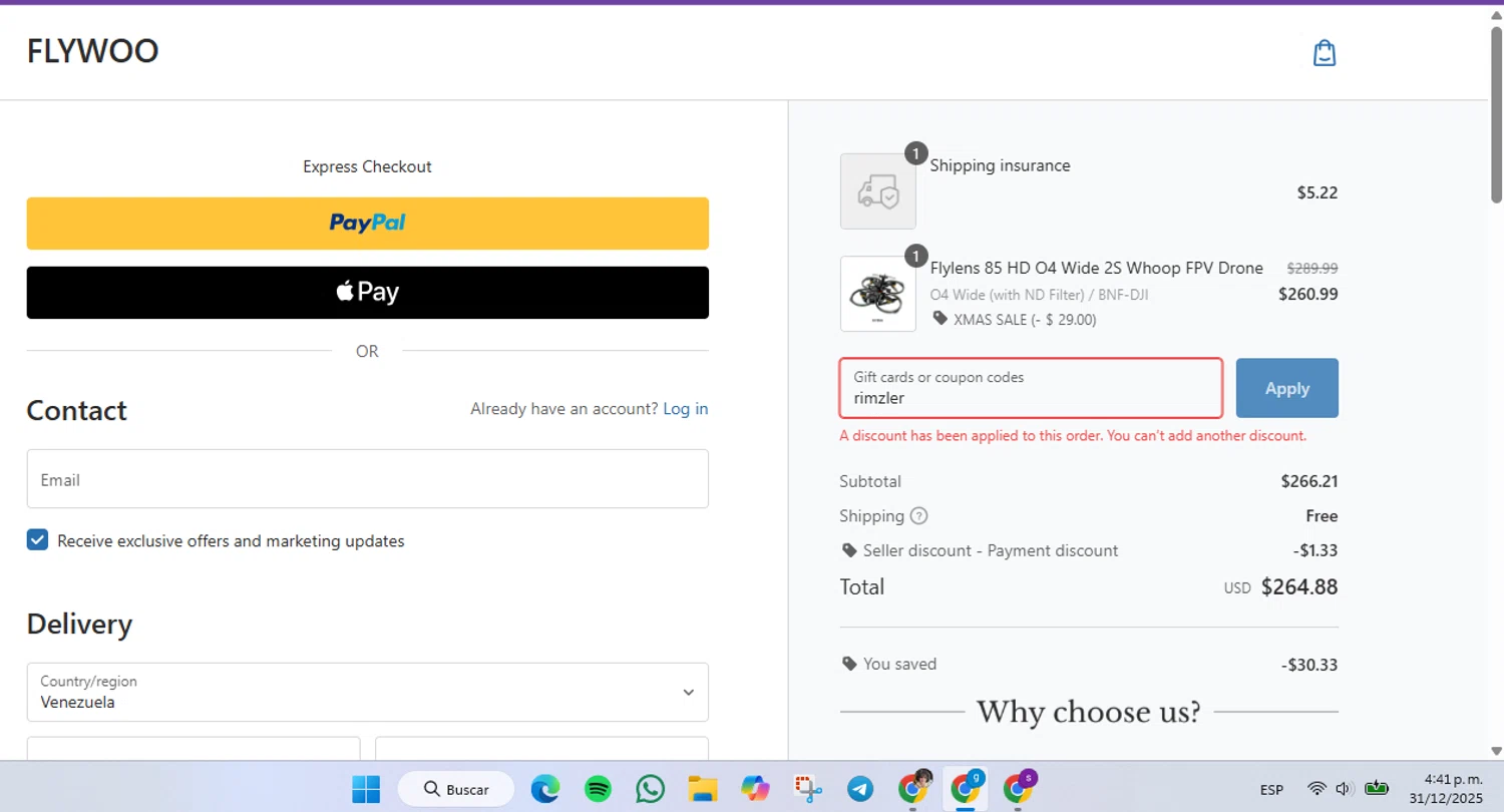 Flywoo discount code screenshot showing code rimzler applied at Flywoo checkout page. Uploaded by SimplyCodes community member FrugalVirtuoso6318 on Dec 31, 2025