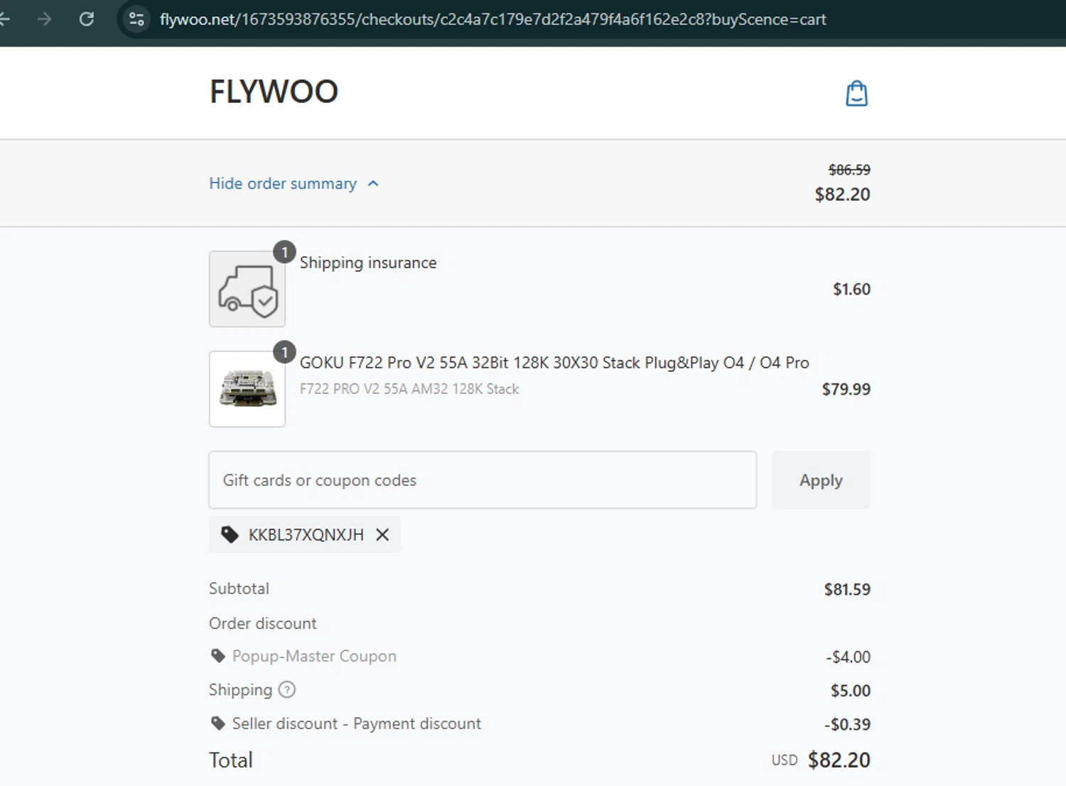 Flywoo discount code screenshot showing code KKBL37XQNXJH applied at Flywoo checkout page. Uploaded by SimplyCodes community member SalePro7215 on Oct 15, 2025