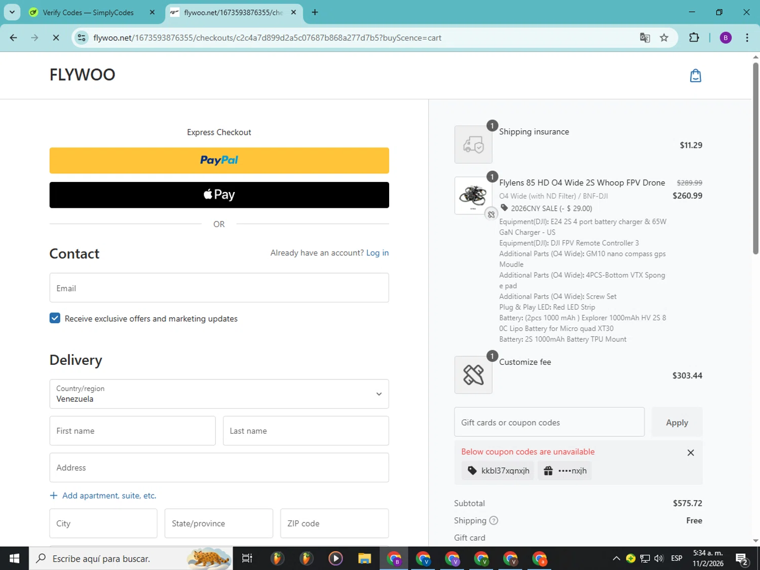 Flywoo checkout page showing Flywoo discount code box | Screenshot taken by SimplyCodes community member on Feb 11, 2026