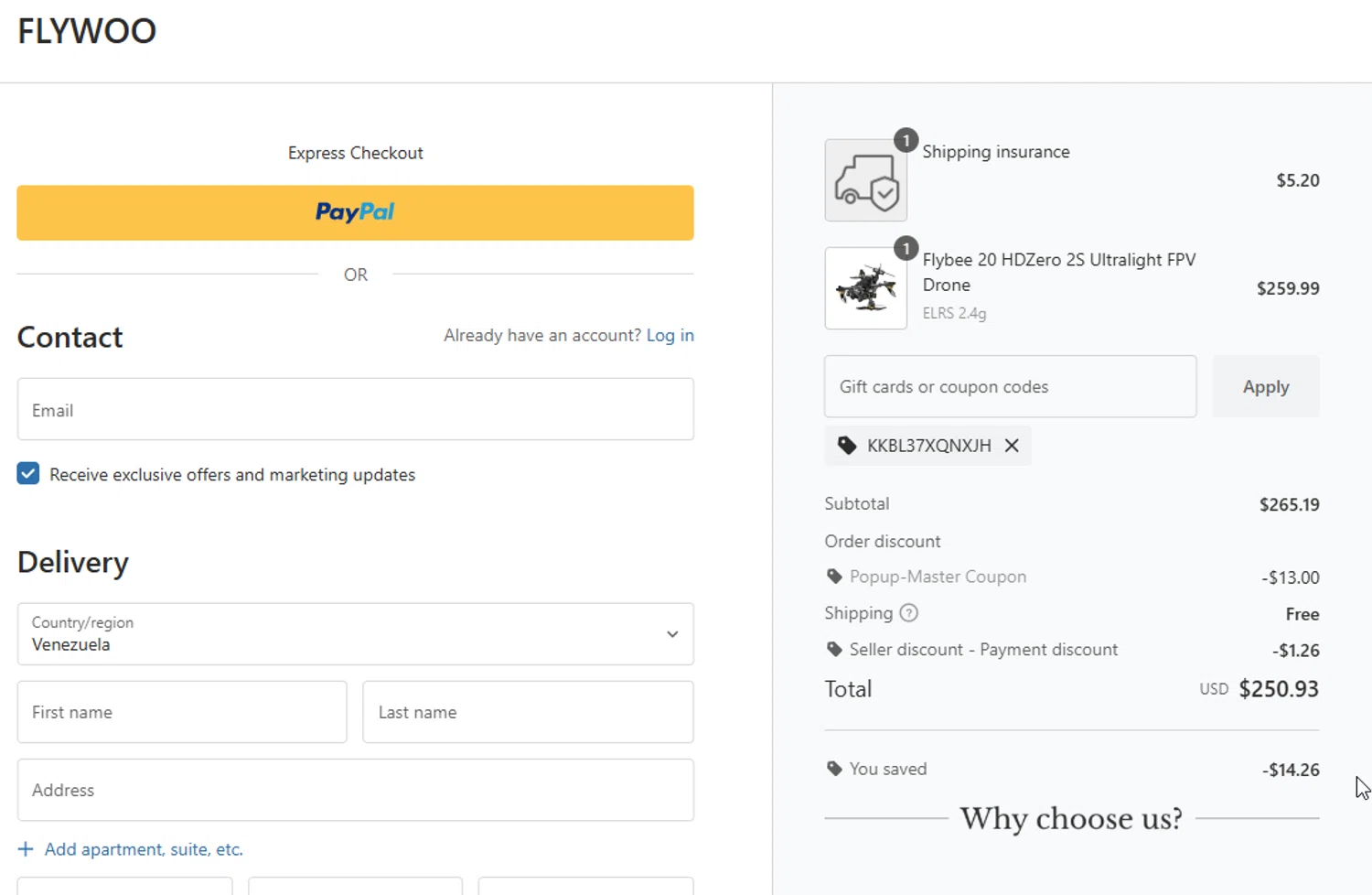 Flywoo discount code screenshot showing code KKBL37XQNXJH applied at Flywoo checkout page. Uploaded by SimplyCodes community member Lestara_23 on Oct 15, 2025