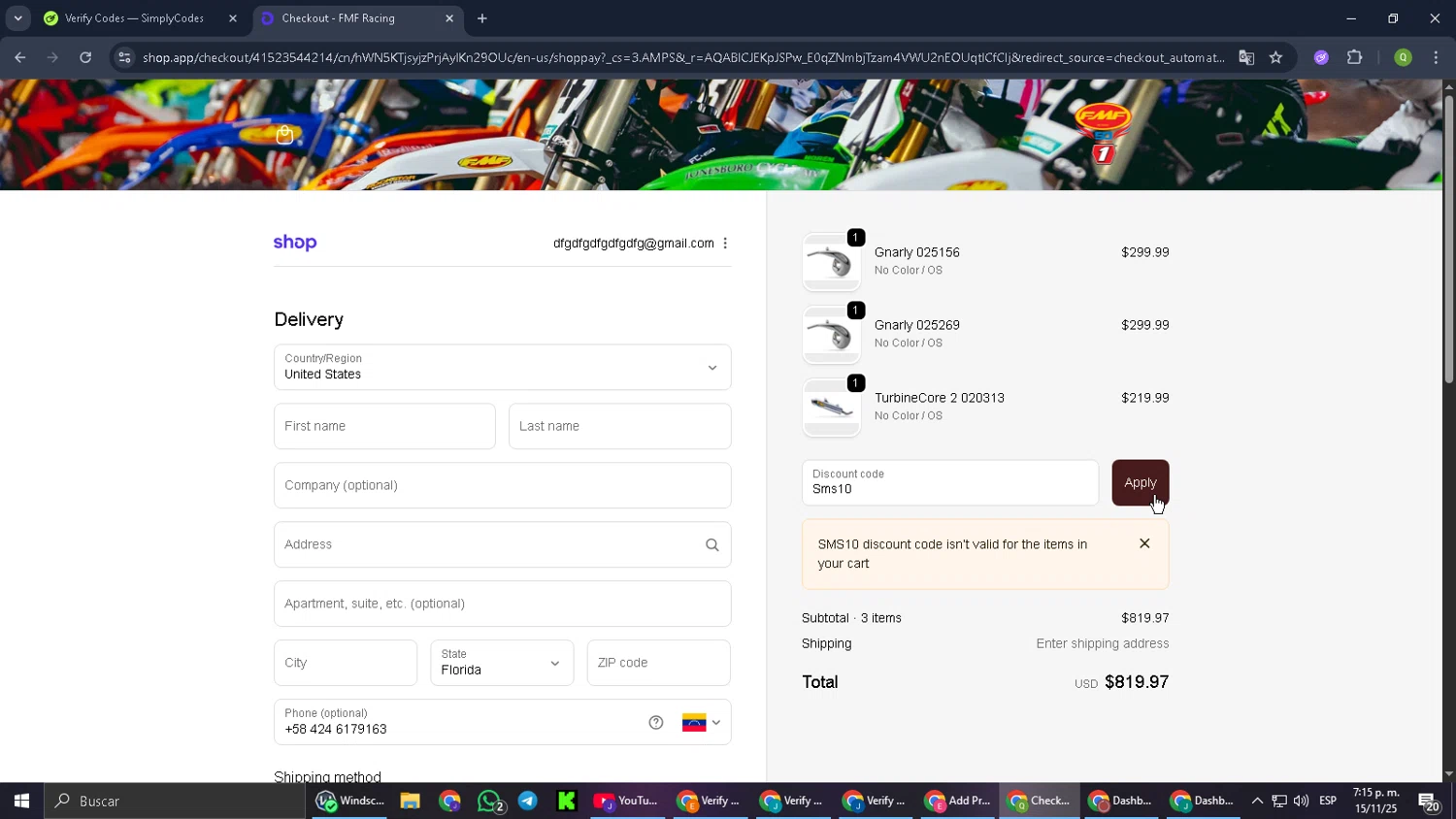 FMF discount code screenshot showing code Sms10 applied at FMF checkout page. Uploaded by SimplyCodes community member Cynoxx on Nov 15, 2025