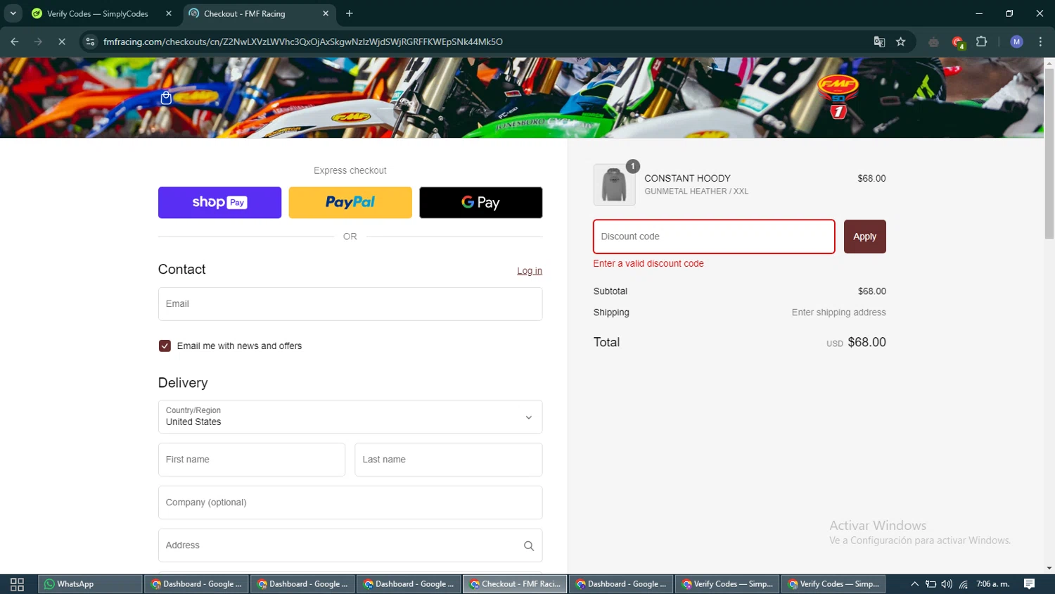 FMF discount code screenshot showing code fmfsupport30-24 applied at FMF checkout page. Uploaded by SimplyCodes community member VoucherCurator824 on Jan 7, 2025