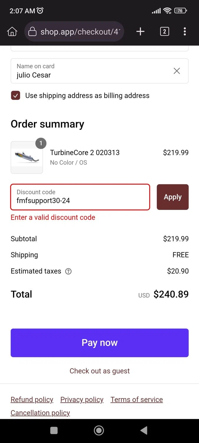 FMF discount code screenshot showing code fmfsupport30-24 applied at FMF checkout page. Uploaded by SimplyCodes community member CrownLion2750 on Jan 7, 2025