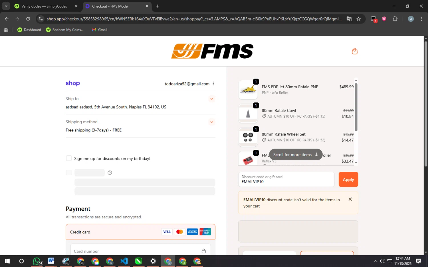 FMS discount code screenshot showing code EMAILVIP10 applied at FMS checkout page. Uploaded by SimplyCodes community member MarkGrayson on Nov 13, 2025