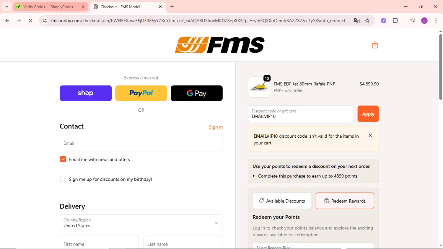 FMS discount code screenshot showing code EMAILVIP10 applied at FMS checkout page. Uploaded by SimplyCodes community member NobleSaver3560 on Nov 13, 2025