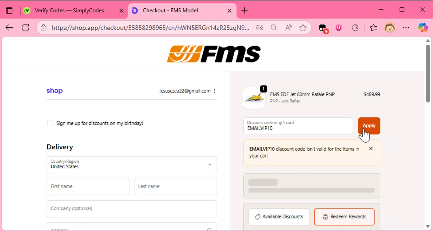FMS discount code screenshot showing code EMAILVIP10 applied at FMS checkout page. Uploaded by SimplyCodes community member murraytopsom on Nov 13, 2025