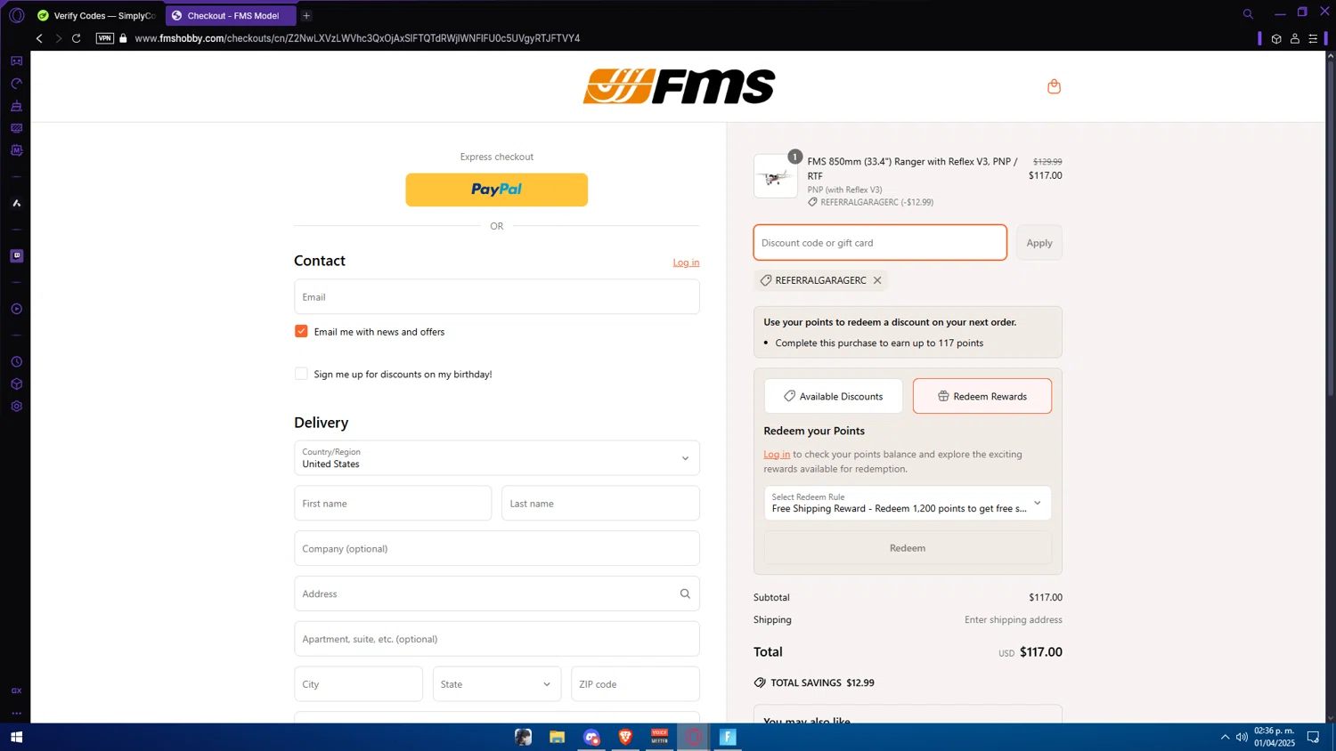 FMS discount code screenshot showing code ReferralGarageRC applied at FMS checkout page. Uploaded by SimplyCodes community member Anzeer on Apr 1, 2025