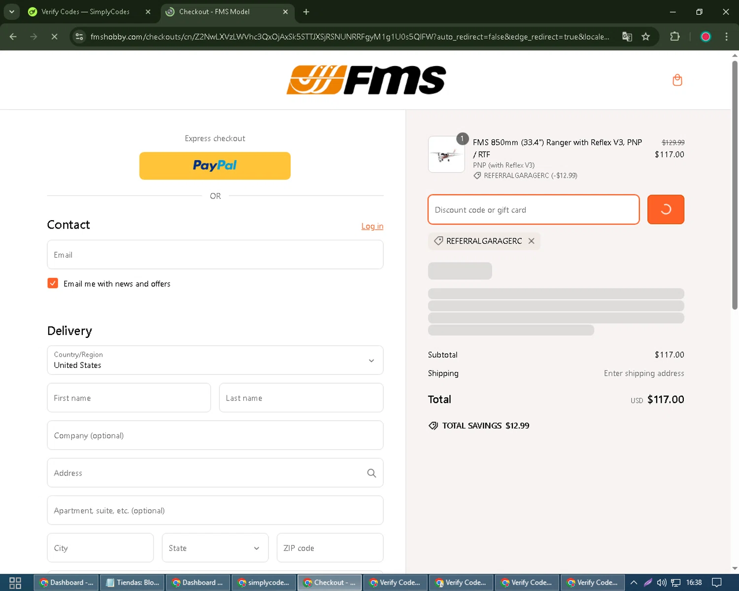 FMS discount code screenshot showing code ReferralGarageRC applied at FMS checkout page. Uploaded by SimplyCodes community member Robert_Williams on Mar 7, 2025