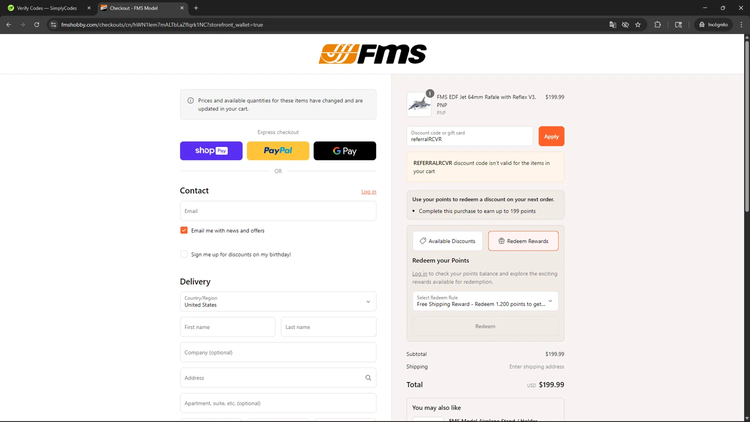 FMS discount code screenshot showing code referralRCVR applied at FMS checkout page. Uploaded by SimplyCodes community member CBR600 on Aug 13, 2025