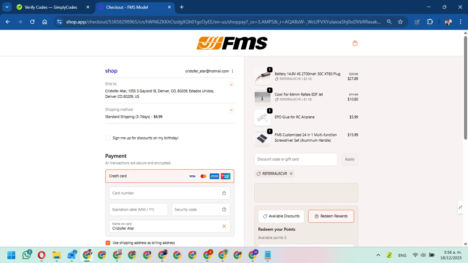 FMS discount code screenshot showing code referralRCVR applied at FMS checkout page. Uploaded by SimplyCodes community member DavidMGF on Dec 18, 2025