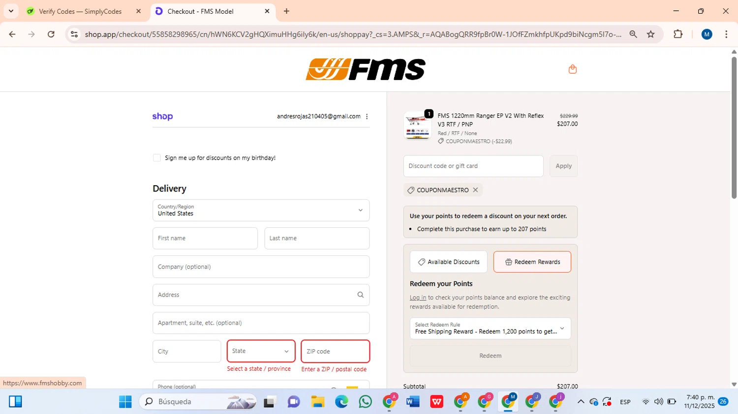 FMS discount code screenshot showing code CouponMaestro applied at FMS checkout page. Uploaded by SimplyCodes community member BrilliantLion8135 on Dec 11, 2025