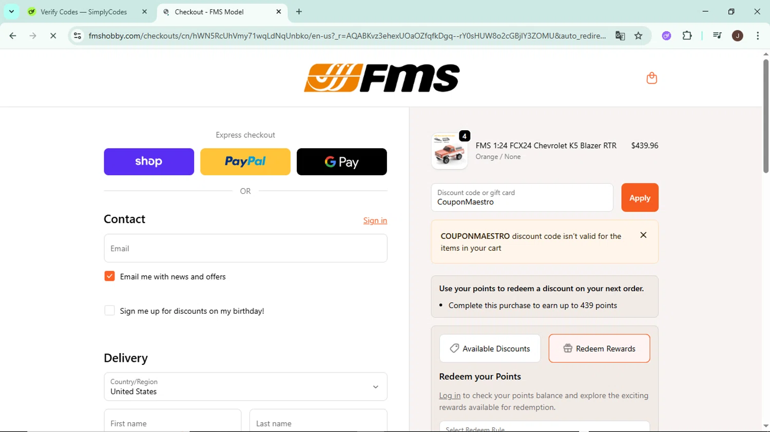 FMS discount code screenshot showing code CouponMaestro applied at FMS checkout page. Uploaded by SimplyCodes community member LegendaryAce8627 on Nov 18, 2025