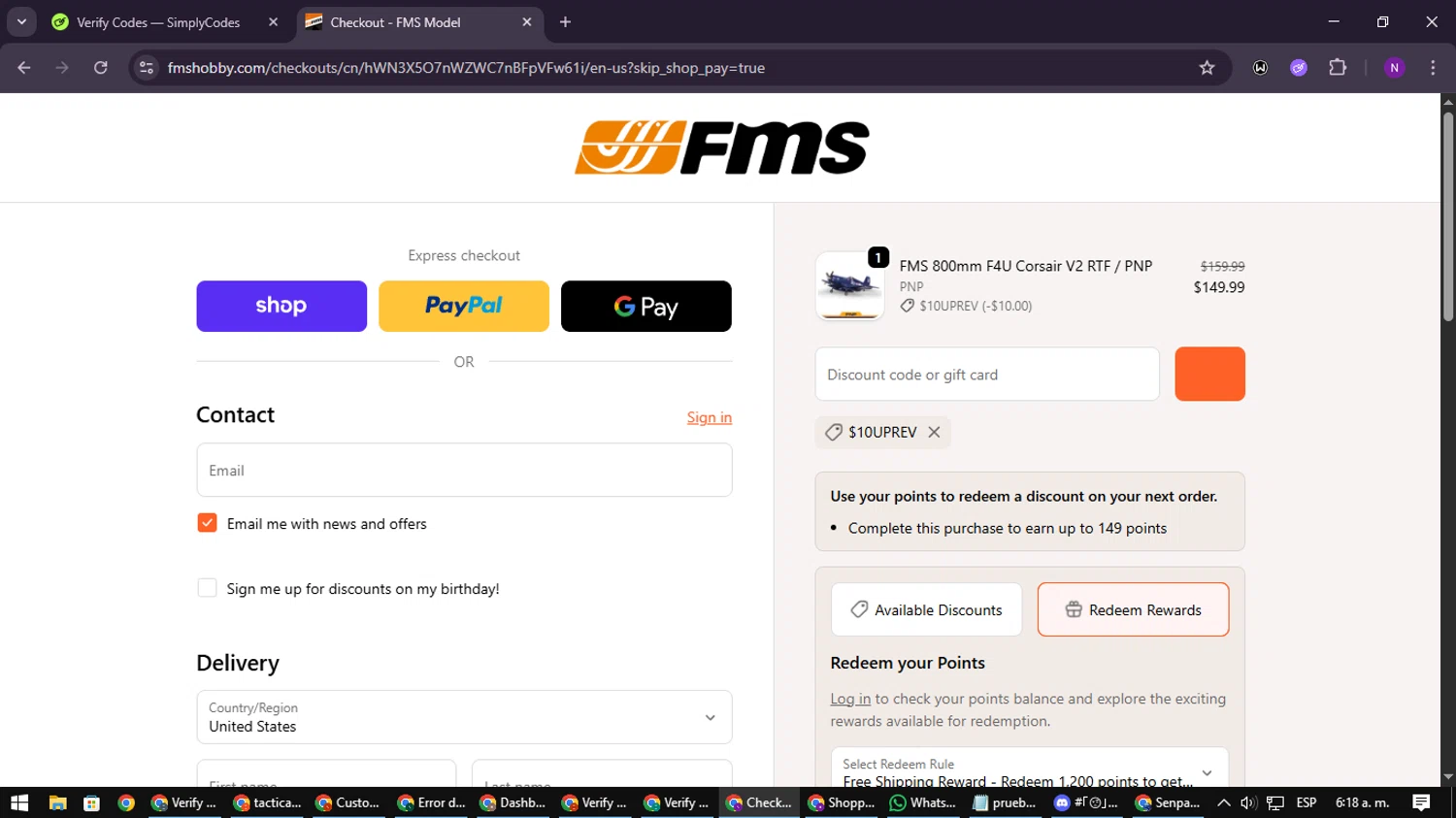 FMS discount code screenshot showing code $10UPREV applied at FMS checkout page. Uploaded by SimplyCodes community member NATAAAAAANAELCANO on Sep 29, 2025