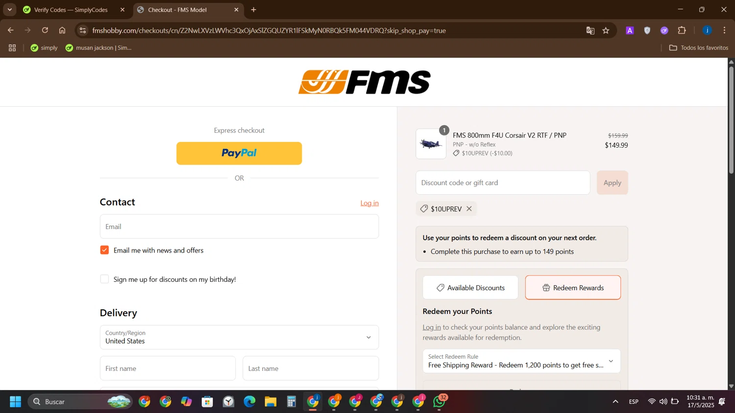 FMS discount code screenshot showing code $10UPREV applied at FMS checkout page. Uploaded by SimplyCodes community member yameteqdasai on May 17, 2025