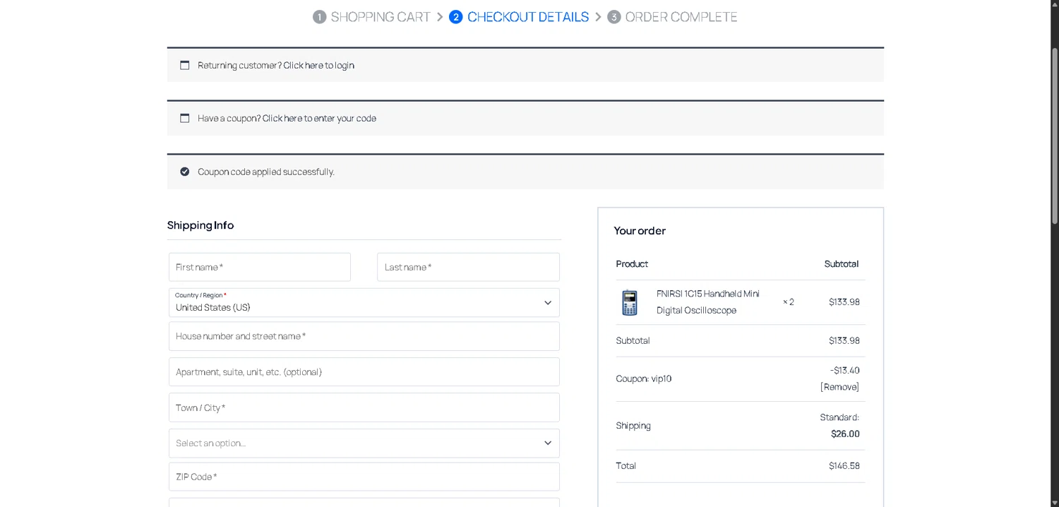 FNIRSI discount code screenshot showing code vip10 applied at FNIRSI checkout page. Uploaded by SimplyCodes community member CleverLynx8583 on Dec 12, 2025