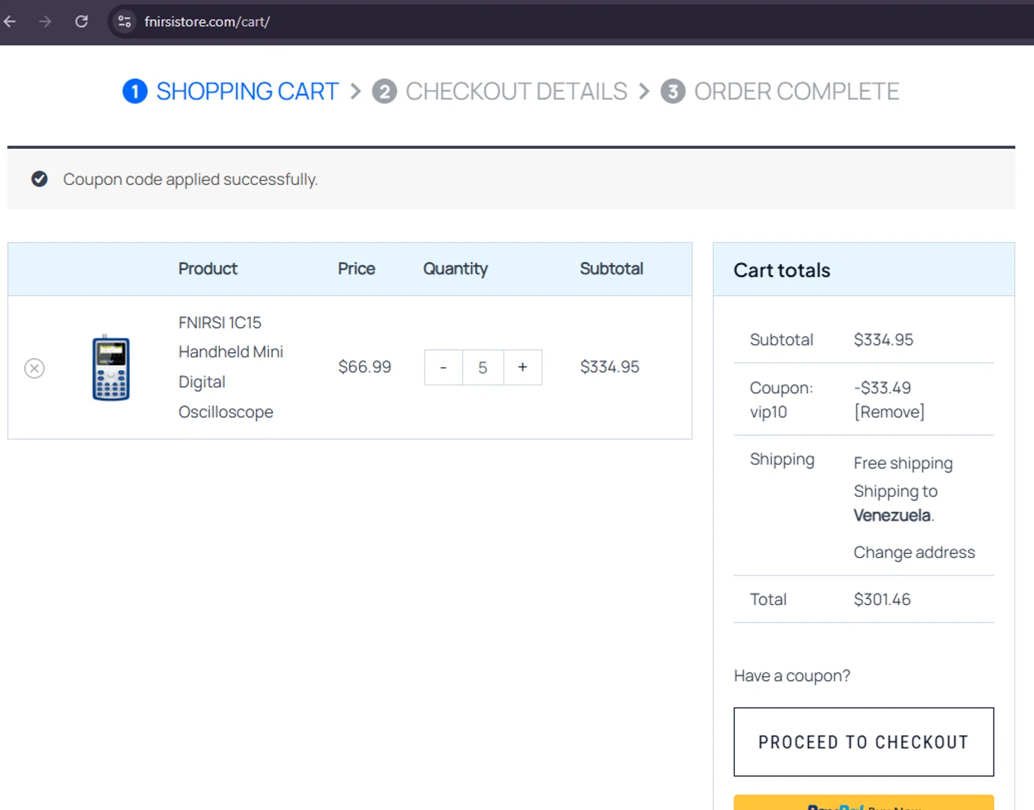 FNIRSI discount code screenshot showing code vip10 applied at FNIRSI checkout page. Uploaded by SimplyCodes community member MoneySage8222 on Jan 10, 2026