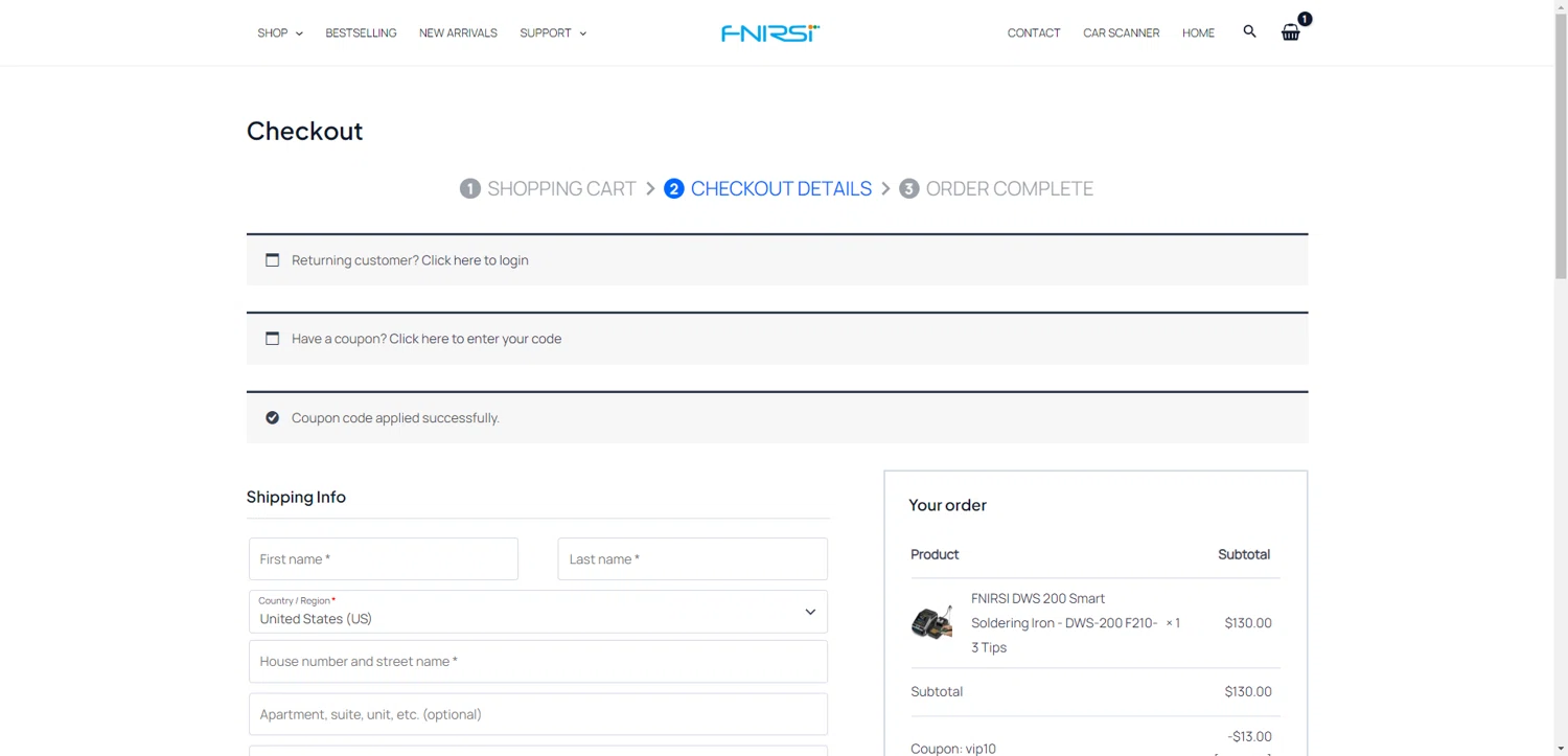 FNIRSI checkout page showing FNIRSI discount code box | Screenshot taken by SimplyCodes community member on Jan 7, 2026