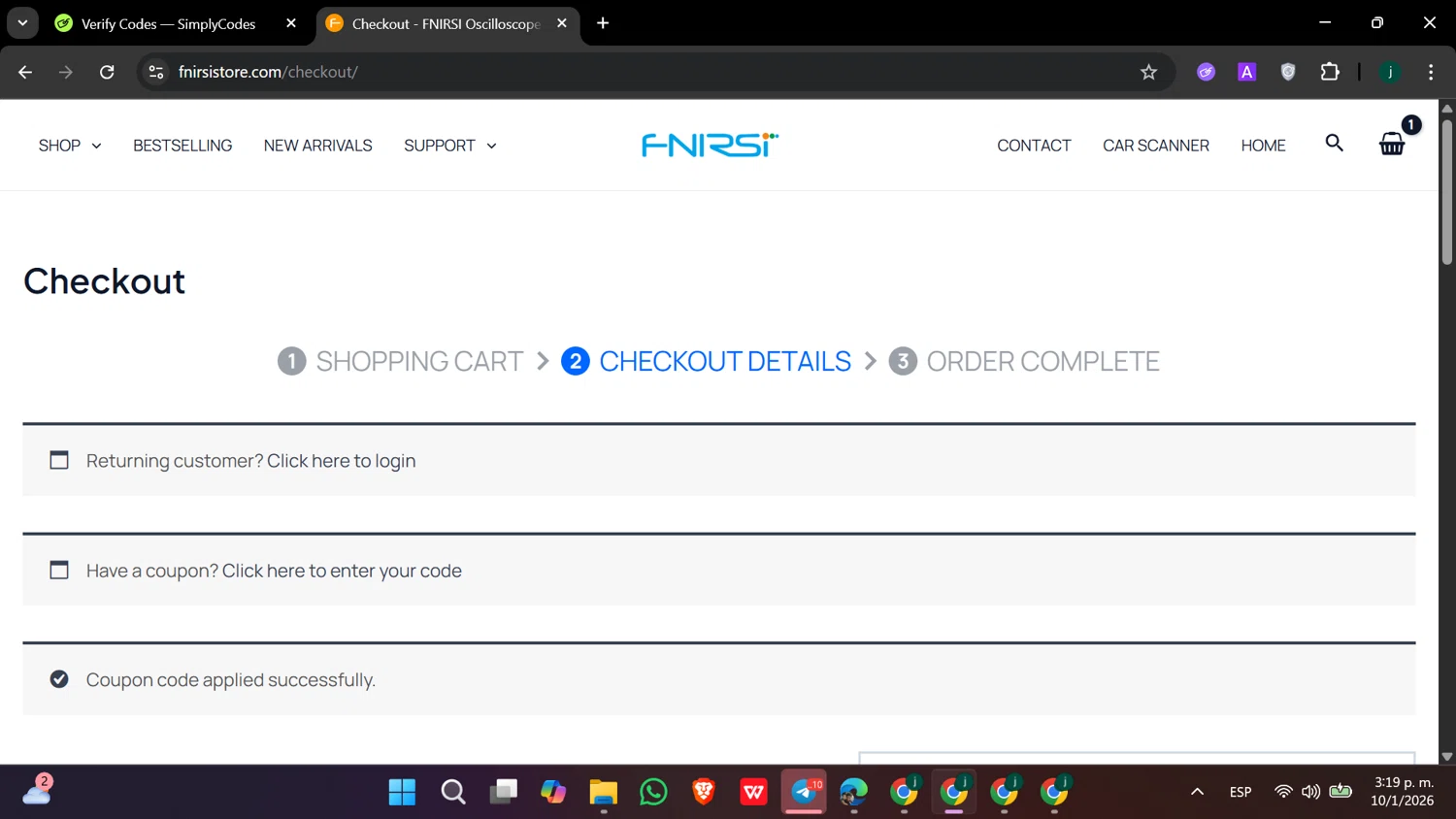 FNIRSI discount code screenshot showing code vip10 applied at FNIRSI checkout page. Uploaded by SimplyCodes community member hanzell2 on Jan 10, 2026