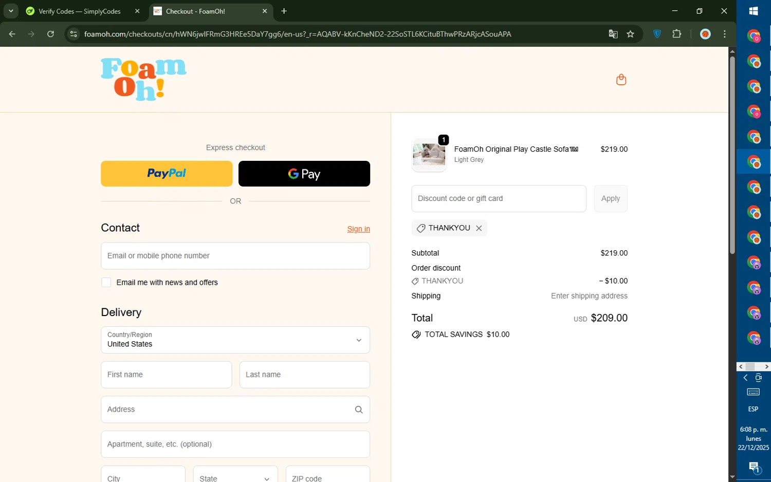 FoamOh promo code screenshot showing code THANKYOU applied at FoamOh checkout page. Uploaded by SimplyCodes community member DealTiger9869 on Dec 22, 2025