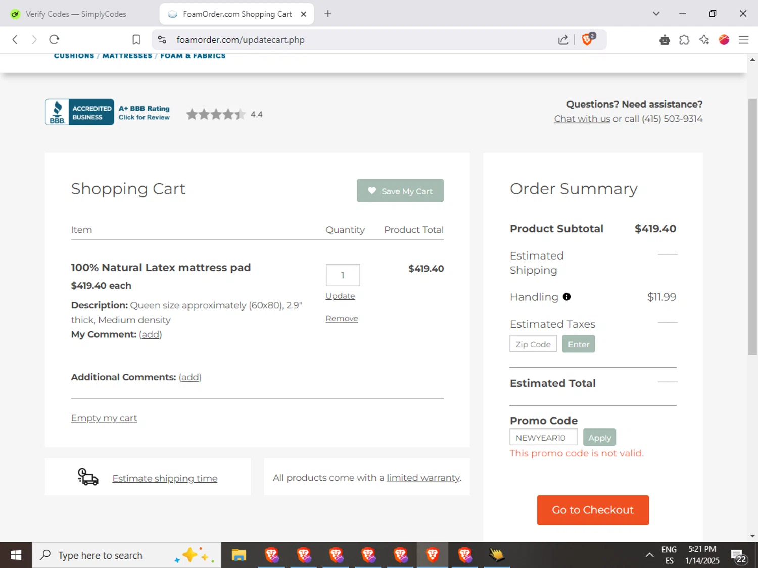 FoamOrder promo code screenshot showing code NEWYEAR10 applied at FoamOrder checkout page. Uploaded by SimplyCodes community member Joserafa on Jan 14, 2025