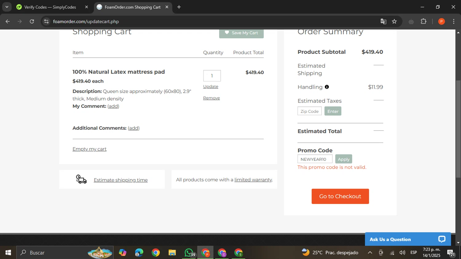 FoamOrder promo code screenshot showing code NEWYEAR10 applied at FoamOrder checkout page. Uploaded by SimplyCodes community member VictoriousCaptain2658 on Jan 14, 2025