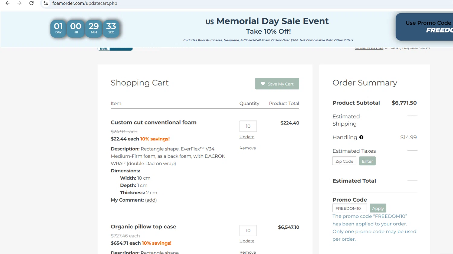 FoamOrder checkout page showing FoamOrder promo code box | Screenshot taken by SimplyCodes community member on May 26, 2025