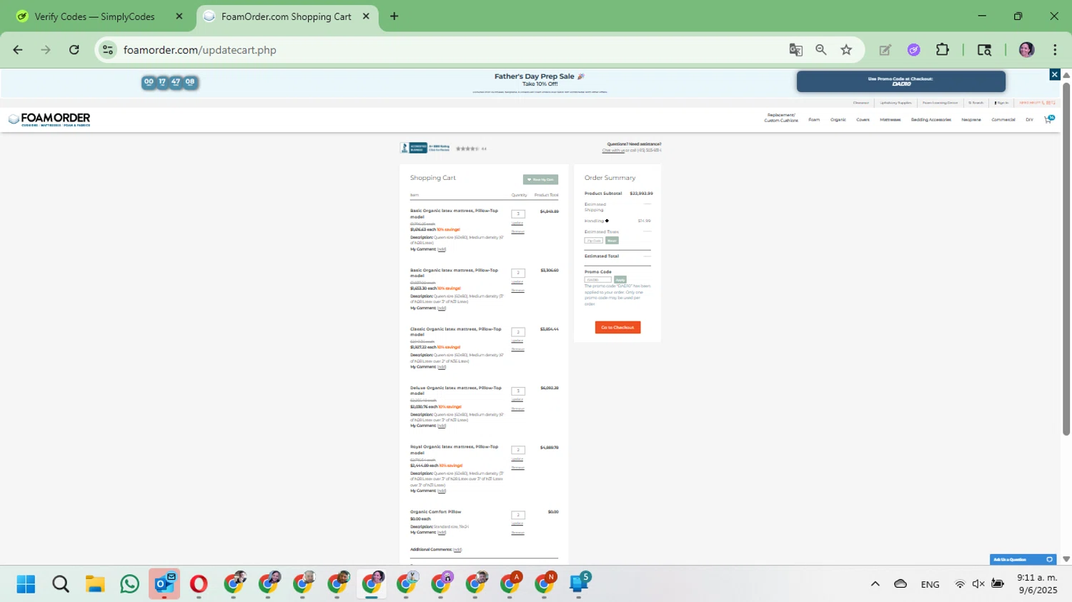 FoamOrder checkout page showing FoamOrder promo code box | Screenshot taken by SimplyCodes community member on Jun 9, 2025