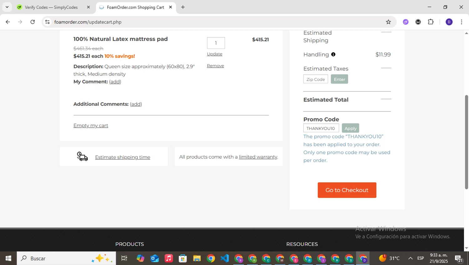 FoamOrder checkout page showing FoamOrder promo code box | Screenshot taken by SimplyCodes community member on Sep 21, 2025