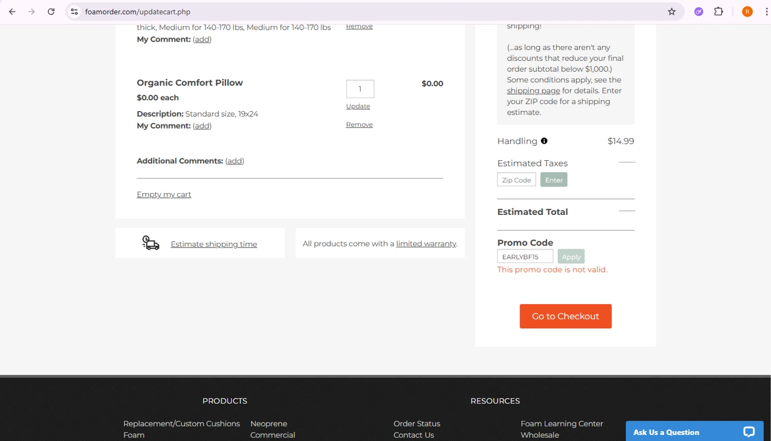 FoamOrder promo code screenshot showing code EARLYBF15 applied at FoamOrder checkout page. Uploaded by SimplyCodes community member SavvyAdmiral5704 on Dec 7, 2025