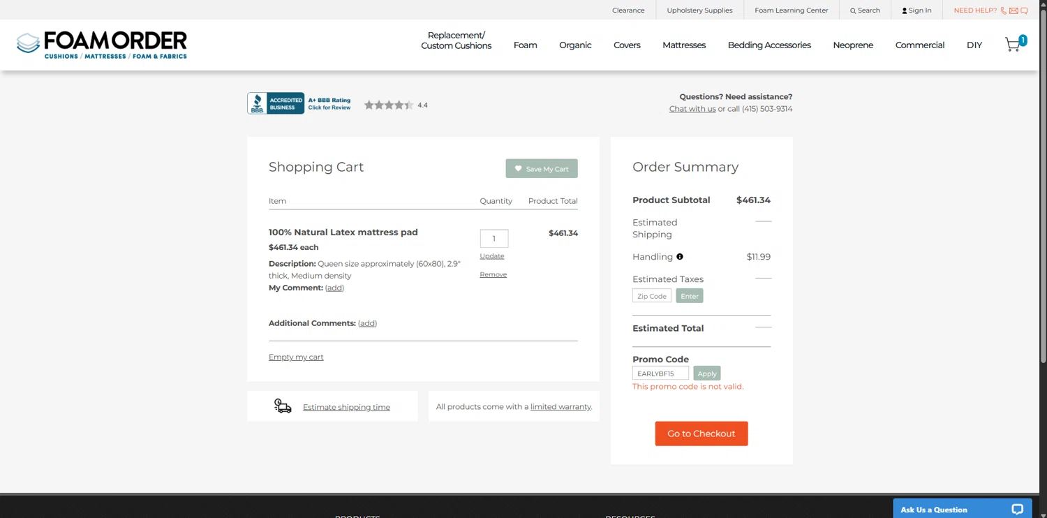 FoamOrder promo code screenshot showing code EARLYBF15 applied at FoamOrder checkout page. Uploaded by SimplyCodes community member ScanSpotter1700 on Dec 7, 2025
