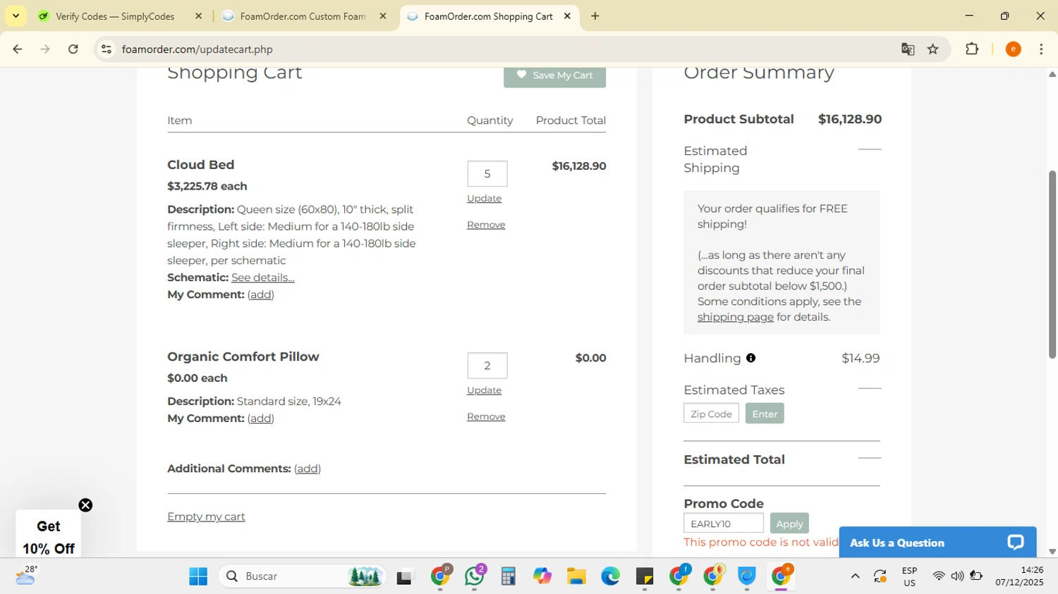 FoamOrder promo code screenshot showing code EARLY10 applied at FoamOrder checkout page. Uploaded by SimplyCodes community member RebateSpotter7205 on Dec 7, 2025