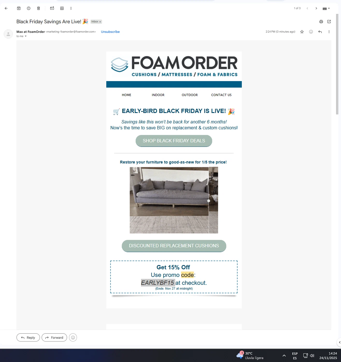 FoamOrder promo code screenshot showing code EARLYBF15 applied at FoamOrder checkout page. Uploaded by SimplyCodes community member UnkNownVnzla on Nov 24, 2025