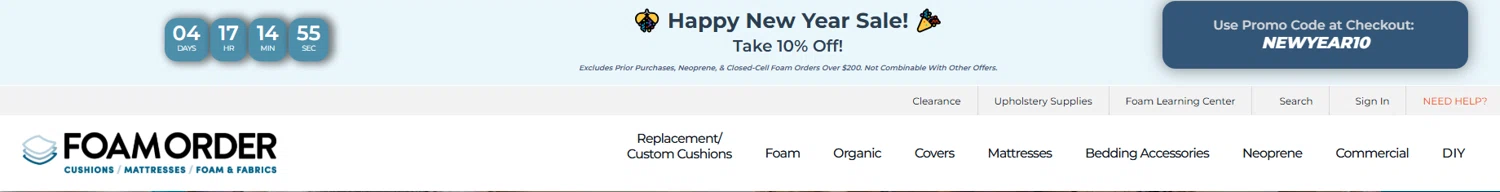 FoamOrder promo code screenshot showing code NEWYEAR10 applied at FoamOrder checkout page. Uploaded by SimplyCodes community member valeriaantonieta on Jan 1, 2026