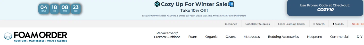 FoamOrder promo code screenshot showing code COZY10 applied at FoamOrder checkout page. Uploaded by SimplyCodes community member valeriaantonieta on Feb 6, 2026