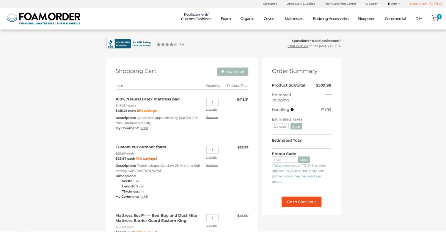 FoamOrder promo code screenshot showing code TG10 applied at FoamOrder checkout page. Uploaded by SimplyCodes community member vctr7w7x on Nov 18, 2025