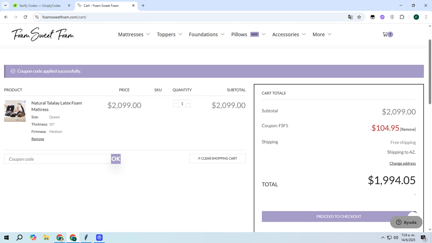 Foam Sweet Foam coupon code screenshot showing code FSF5 applied at Foam Sweet Foam checkout page. Uploaded by SimplyCodes community member Juanse on Jun 14, 2025