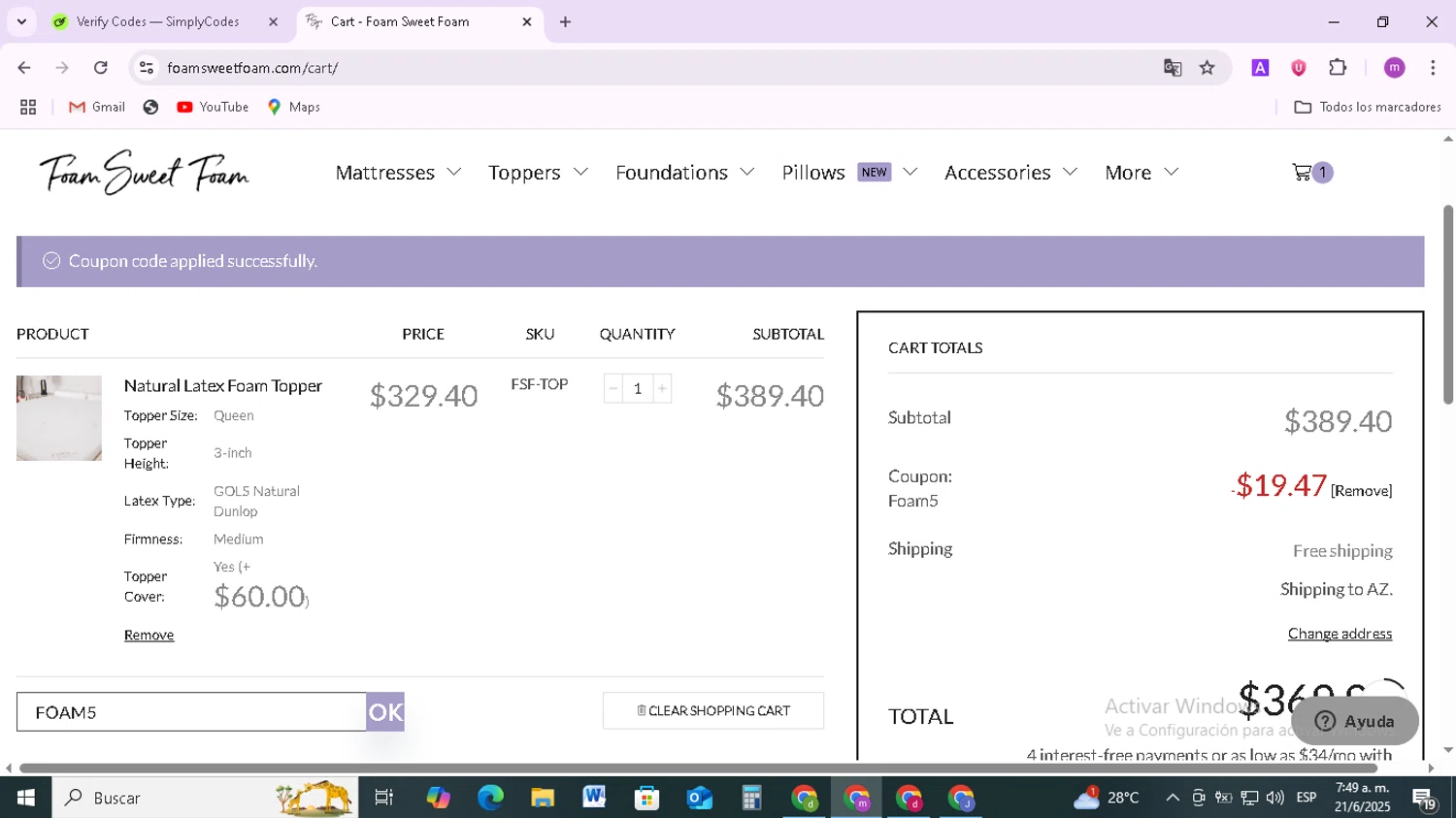 Foam Sweet Foam coupon code screenshot showing code FOAM5 applied at Foam Sweet Foam checkout page. Uploaded by SimplyCodes community member BudgetMonarch8952 on Jun 21, 2025