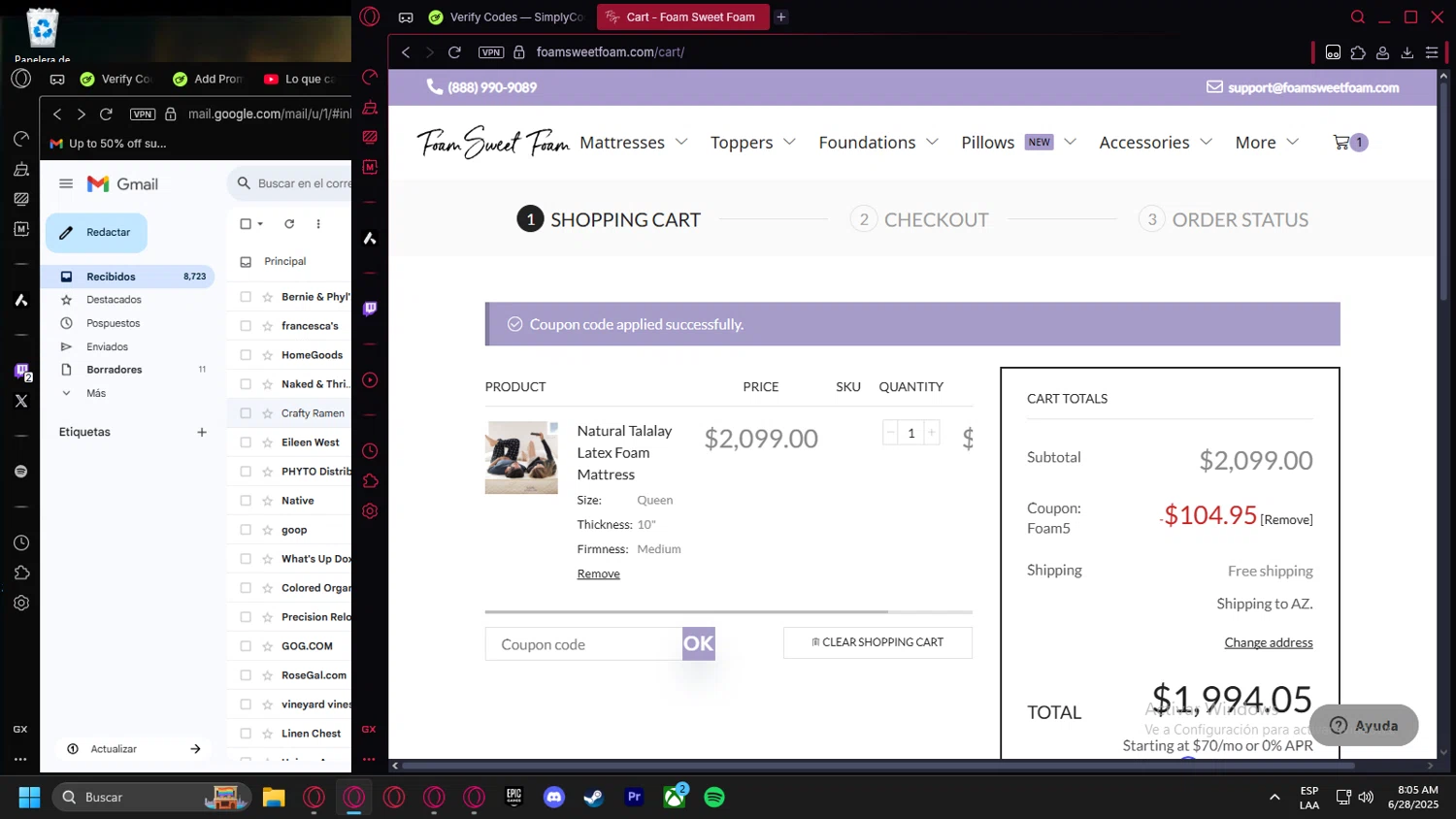 Foam Sweet Foam coupon code screenshot showing code FOAM5 applied at Foam Sweet Foam checkout page. Uploaded by SimplyCodes community member leonardocamacho2 on Jun 28, 2025