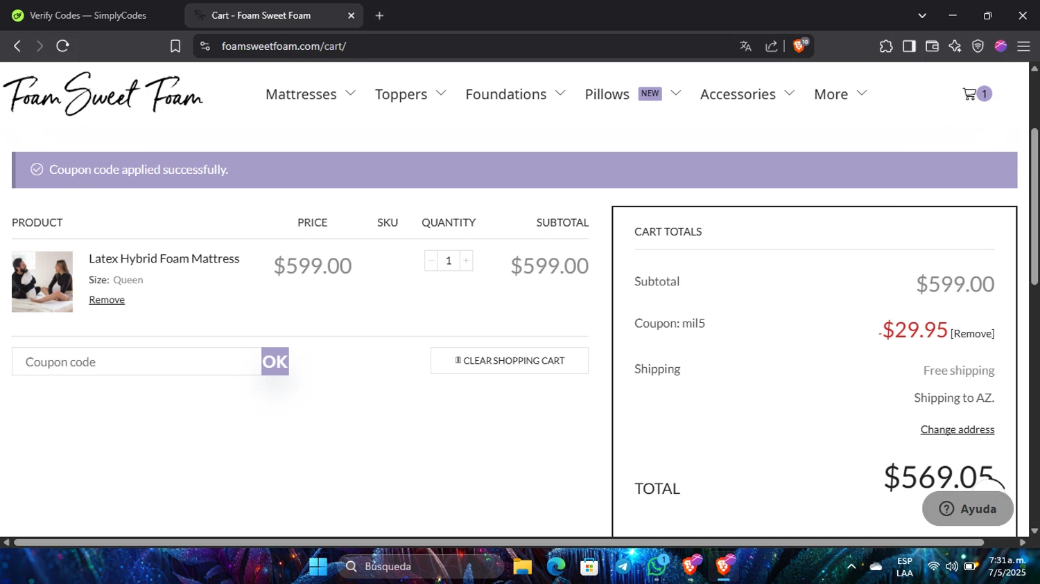Foam Sweet Foam coupon code screenshot showing code MIL5 applied at Foam Sweet Foam checkout page. Uploaded by SimplyCodes community member Pinkicuat on May 7, 2025