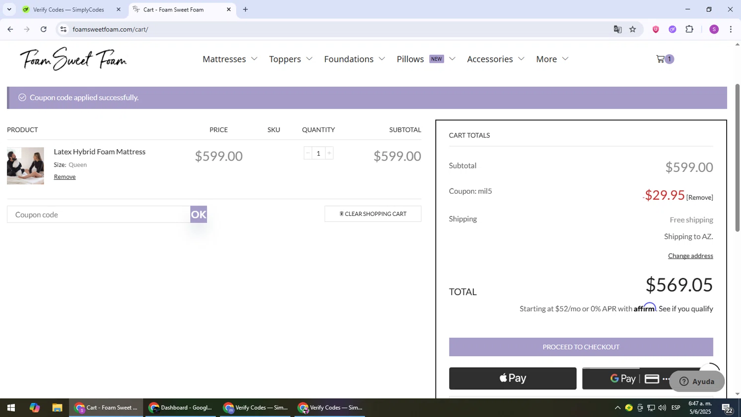 Foam Sweet Foam coupon code screenshot showing code MIL5 applied at Foam Sweet Foam checkout page. Uploaded by SimplyCodes community member Son_Goku on Jun 5, 2025