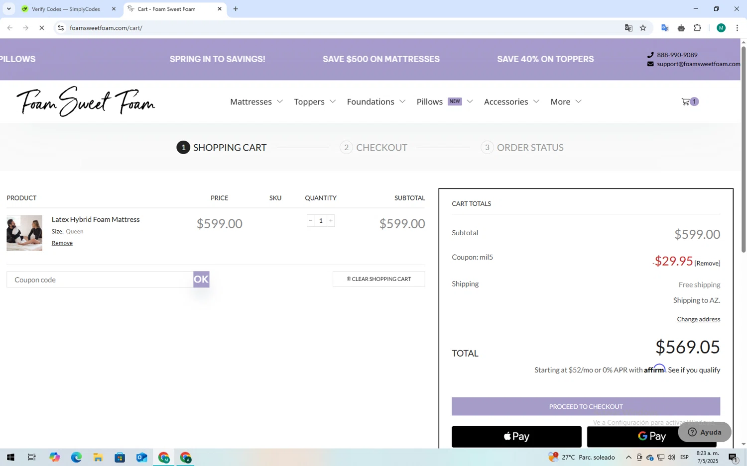 Foam Sweet Foam coupon code screenshot showing code MIL5 applied at Foam Sweet Foam checkout page. Uploaded by SimplyCodes community member mariaauxiliadorahen on May 7, 2025