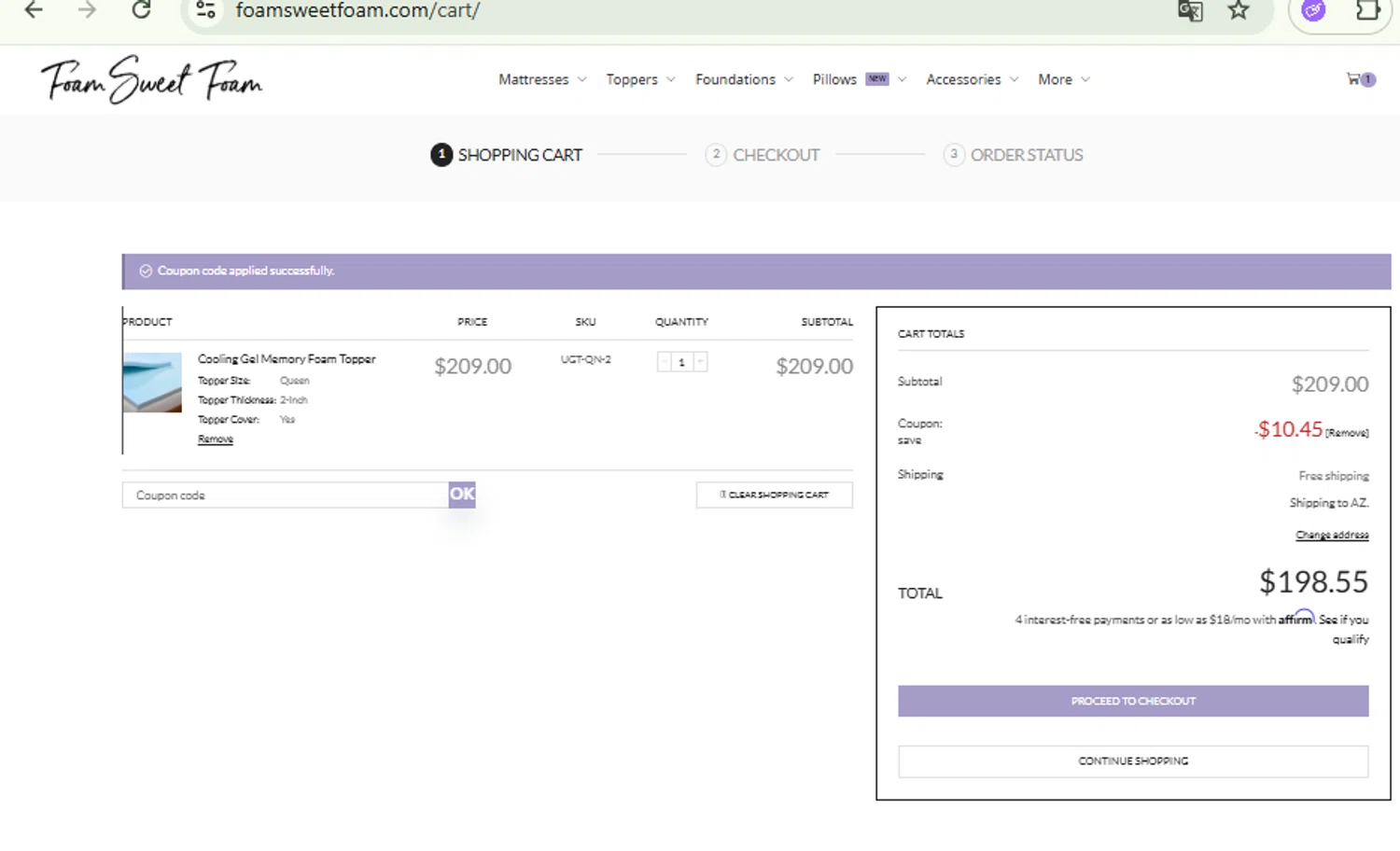 Foam Sweet Foam coupon code screenshot showing code SAVE applied at Foam Sweet Foam checkout page. Uploaded by SimplyCodes community member CashMaestro9337 on Oct 22, 2025