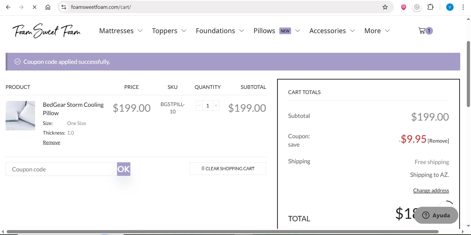 Foam Sweet Foam checkout page showing Foam Sweet Foam coupon code box | Screenshot taken by SimplyCodes community member on Aug 25, 2025