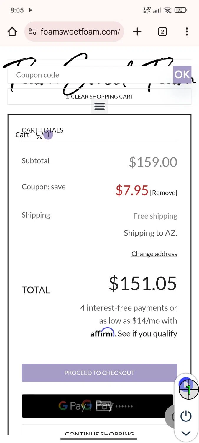 Foam Sweet Foam checkout page showing Foam Sweet Foam coupon code box | Screenshot taken by SimplyCodes community member on Jul 27, 2025