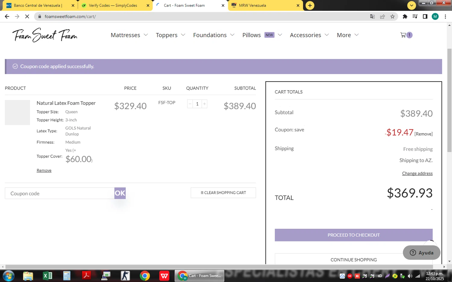 Foam Sweet Foam coupon code screenshot showing code SAVE applied at Foam Sweet Foam checkout page. Uploaded by SimplyCodes community member QuestSage1300 on Oct 22, 2025