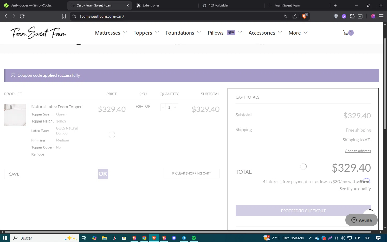 Foam Sweet Foam checkout page showing Foam Sweet Foam coupon code box | Screenshot taken by SimplyCodes community member on Jul 27, 2025