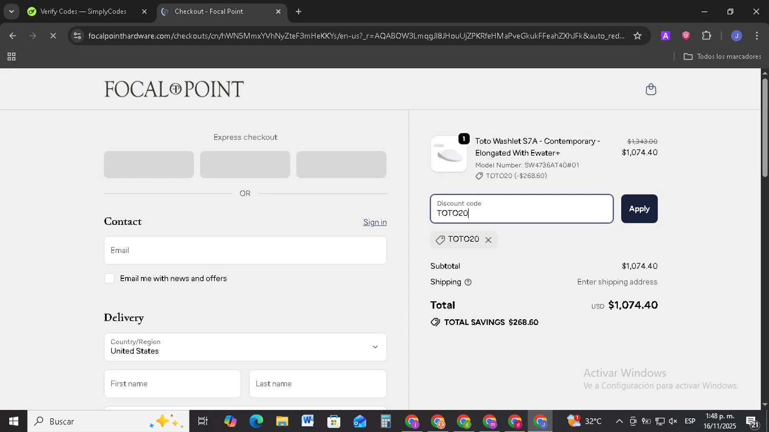 Focal Point discount code screenshot showing code TOTO20 applied at Focal Point checkout page. Uploaded by SimplyCodes community member EpicSage3474 on Nov 16, 2025