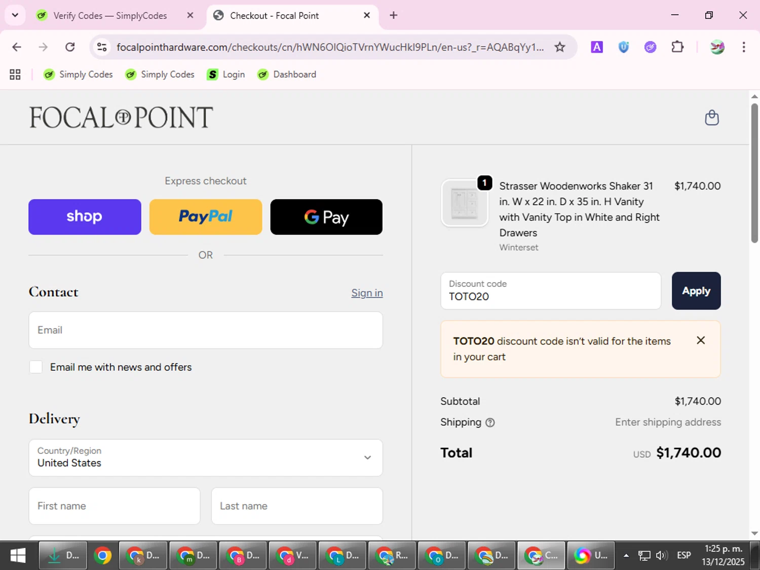 Focal Point discount code screenshot showing code TOTO20 applied at Focal Point checkout page. Uploaded by SimplyCodes community member SilverExpert5694 on Dec 13, 2025